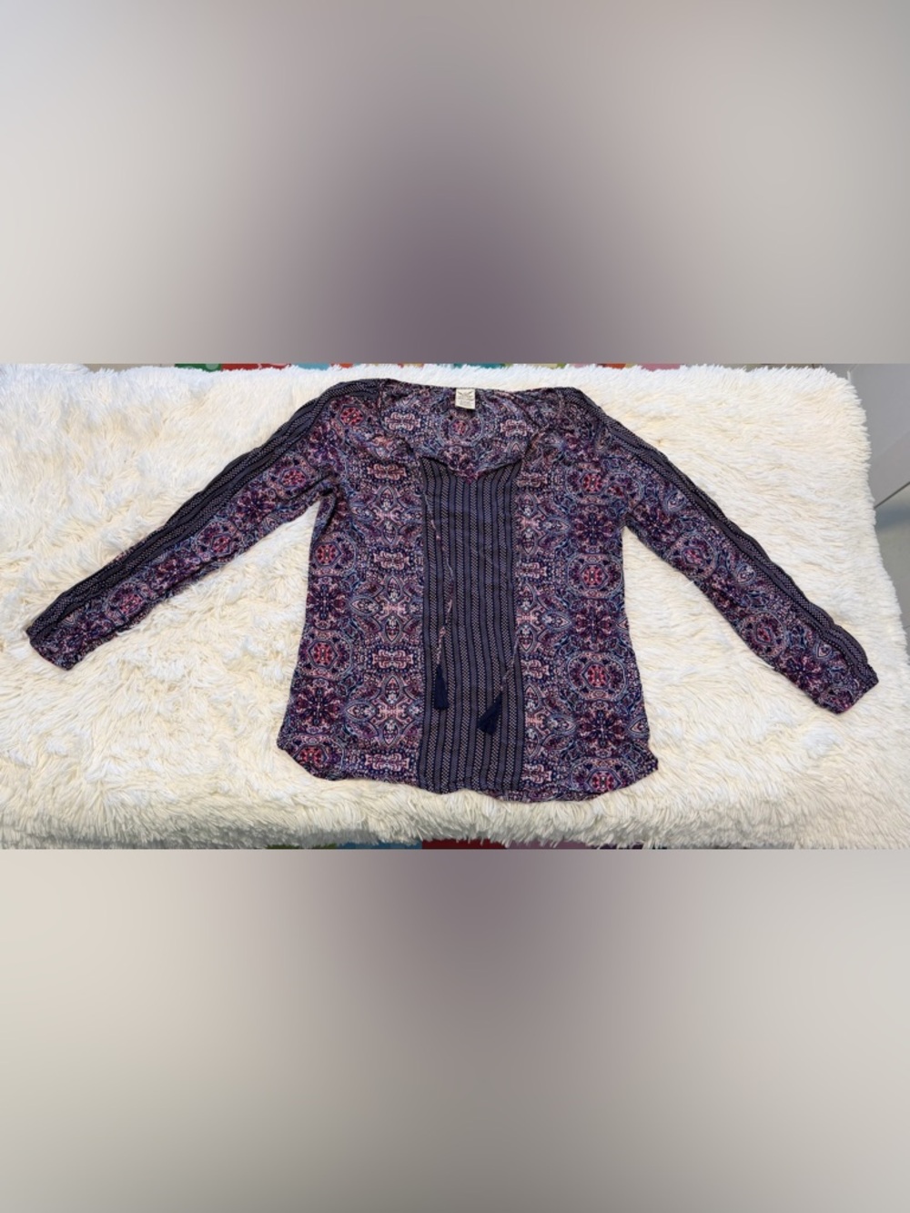 Women's Navy and Pink Paisley Tie-Front Blouse